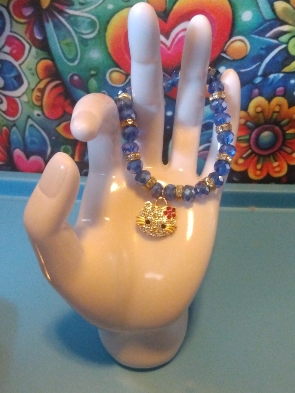 Gold Cat Charm Bracelet with Blue Crystal Beads